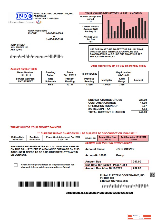USA Rural Electric Cooperative utility bill template in Word and PDF format